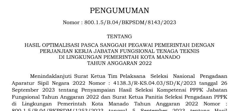 Pengumuman Hasil Optimalisasi Pasca Sanggah PPPK Teknis Pemkot Manado Tahun Anggaran 2022 87SANGGAHoPTIMALIASAI.jpg